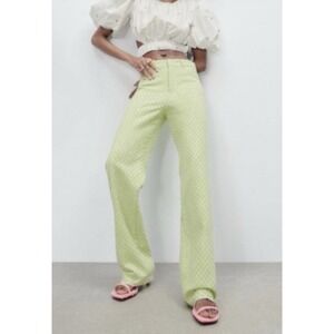 Zara-Lime Green, Gingham, High Rise, Straight Leg, Pants. Sz-28/6 Retro, Trouser